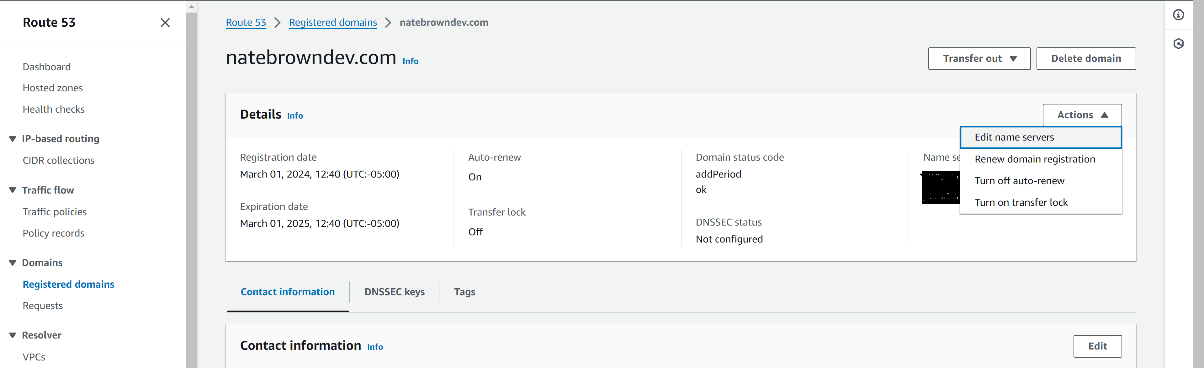 picture of Route 53 domains screen, renaming name servers